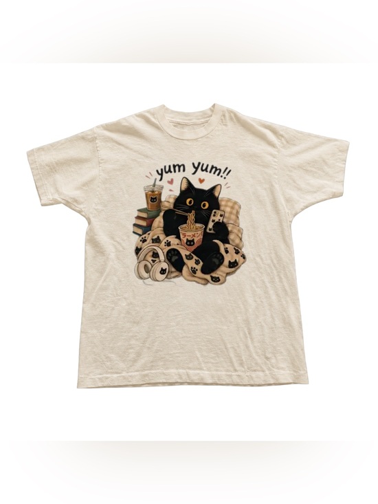 Gildan Tops - Off White Graphic Tee with Black Cat 'Yum Yum' Print